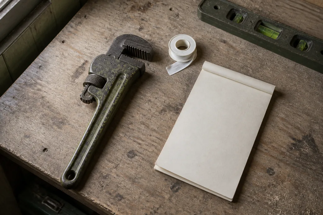 A pipe wrench, a spirit level, a roll of thread tape and a blank notepad on a worn plywood workbench in soft window light.